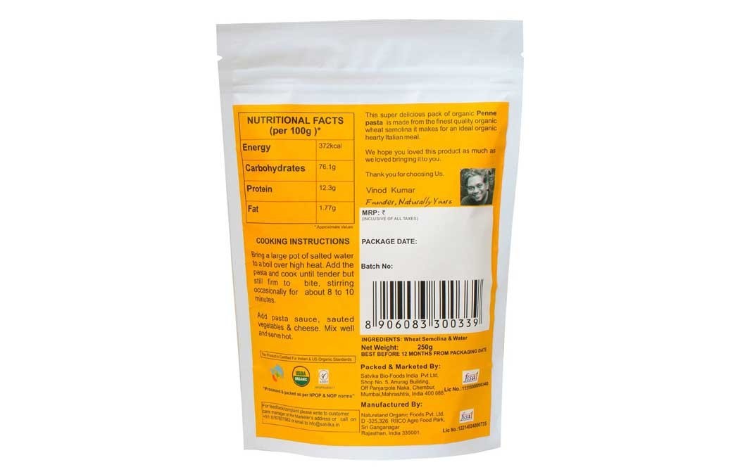 Naturally yours Organic Penne Pasta    Pack  250 grams